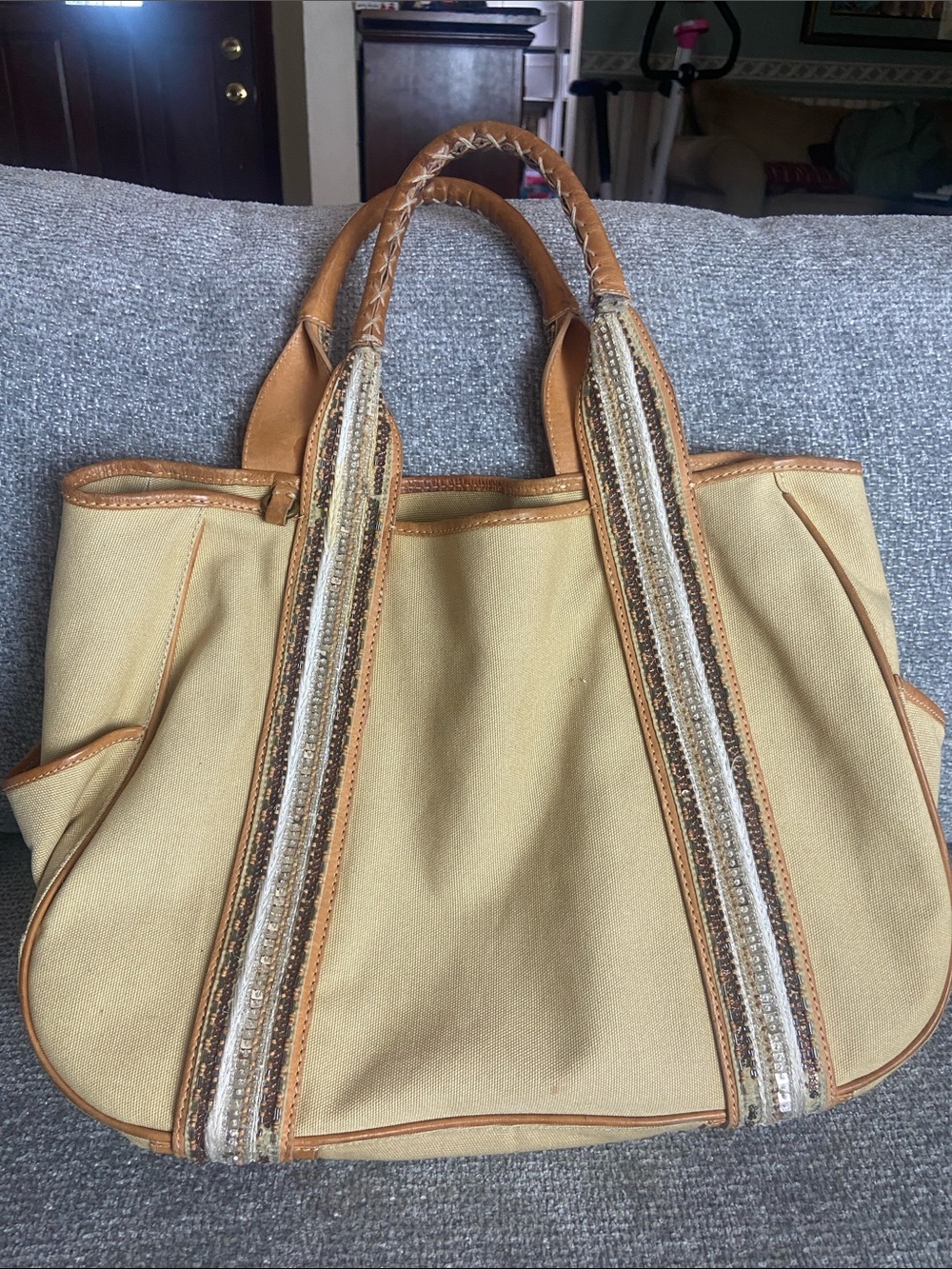 Cole Haan Canvas Tote Bag with Leather Trim - Tan and Cream Bombay Coll H 05